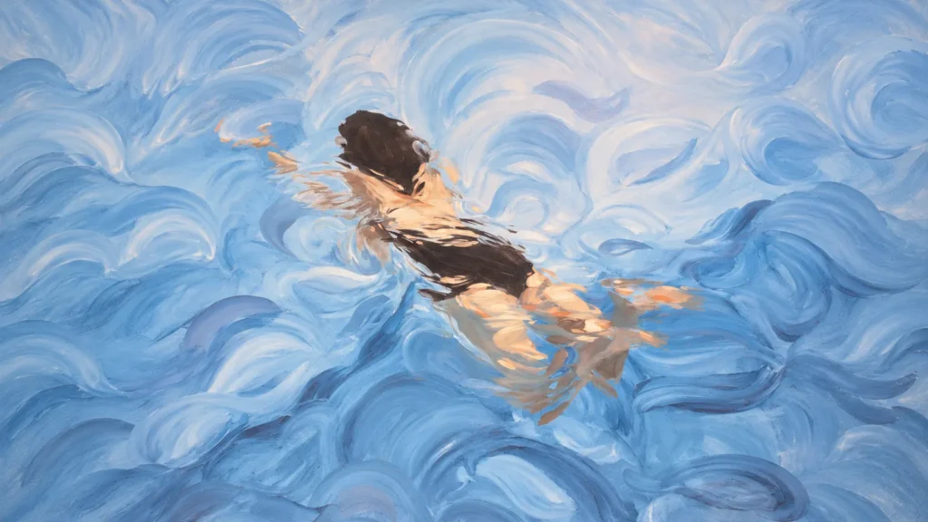 Oil painting of a swimmer viewed from above, surrounded by soft blue water and flowing brushstrokes.